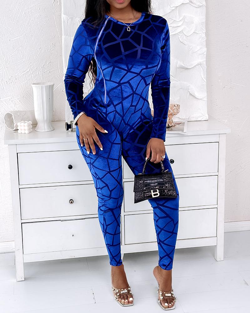 

Zipper Detail Flocked Long Sleeve Jumpsuit, Blue