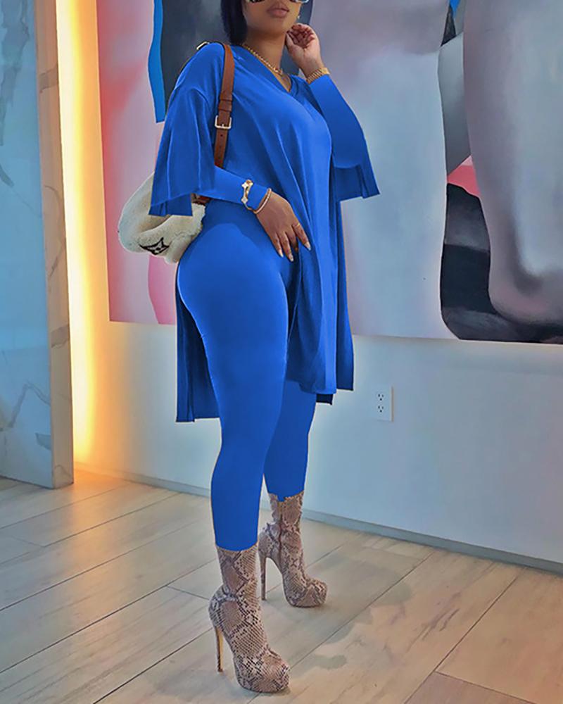 

Plain Slit Top & Pants Set, Blue