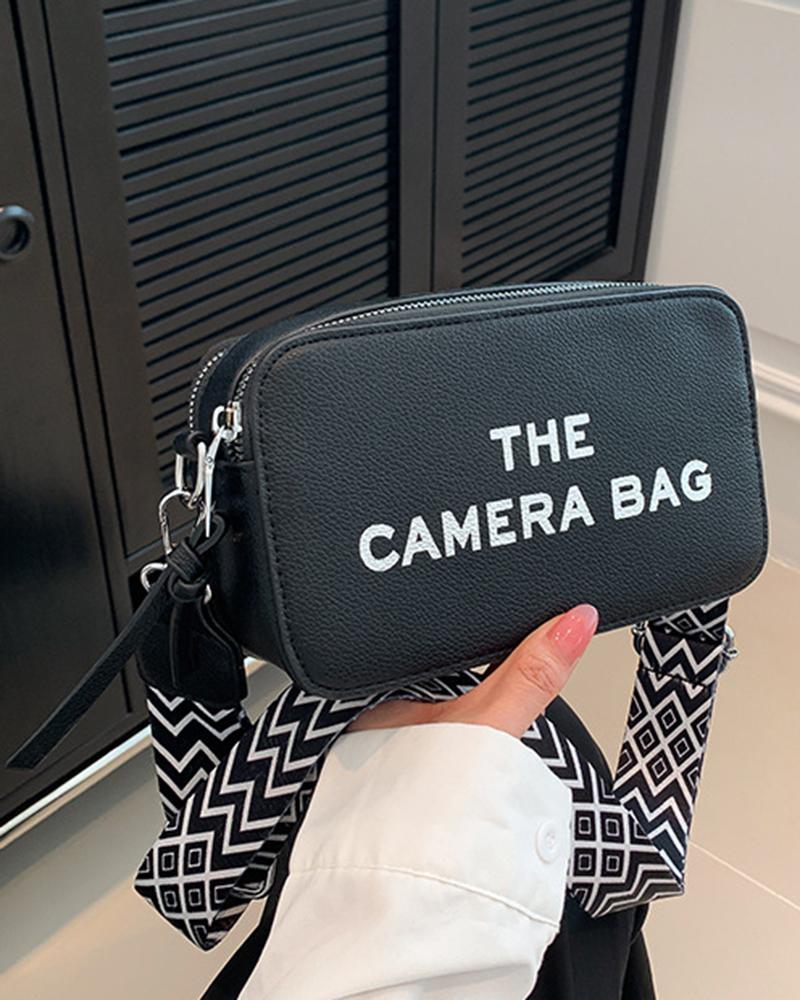

Letter Print Zipper Crossbody Bag, Black