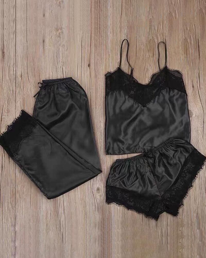 

3PCS Colorblock Lace Trim Satin Sleepwear Set, Black