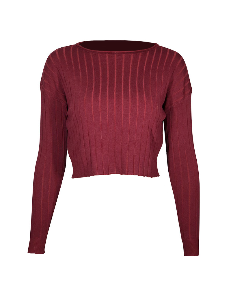 

Plain O-Neck Long Sleeve Crop Casual T-Shirt, Wine red