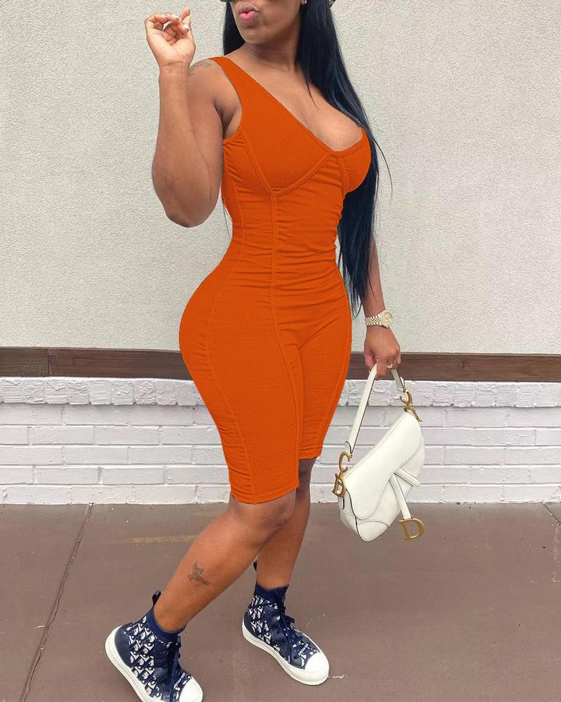 

Ribbed V-Neck Sleeveless Skinny Romper, Orange