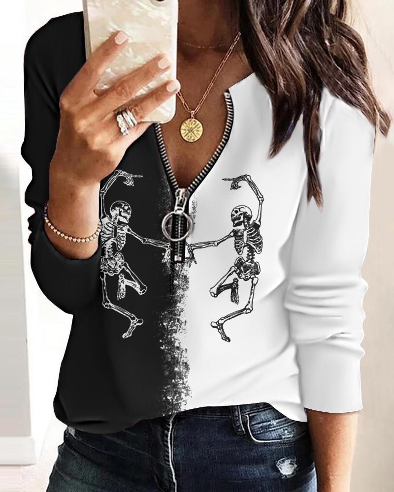 

Halloween Skeleton Print Colorblock Zipper Design Top, Blackwhite