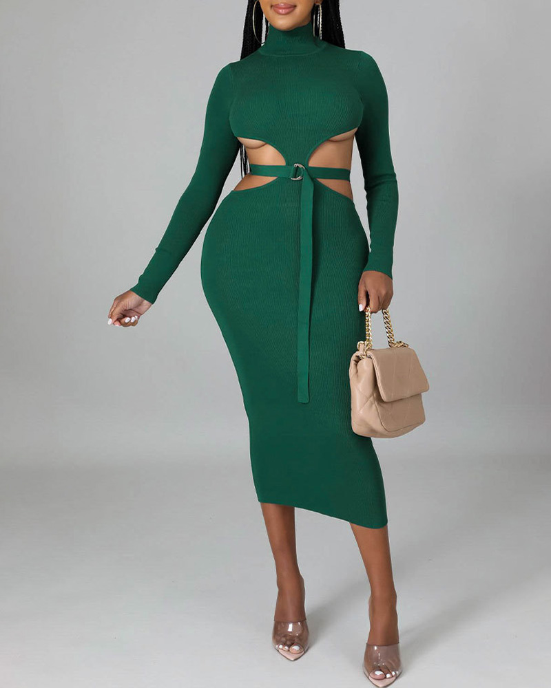 

Cutout High Neck Long Sleeve Bodycon Dress, Green