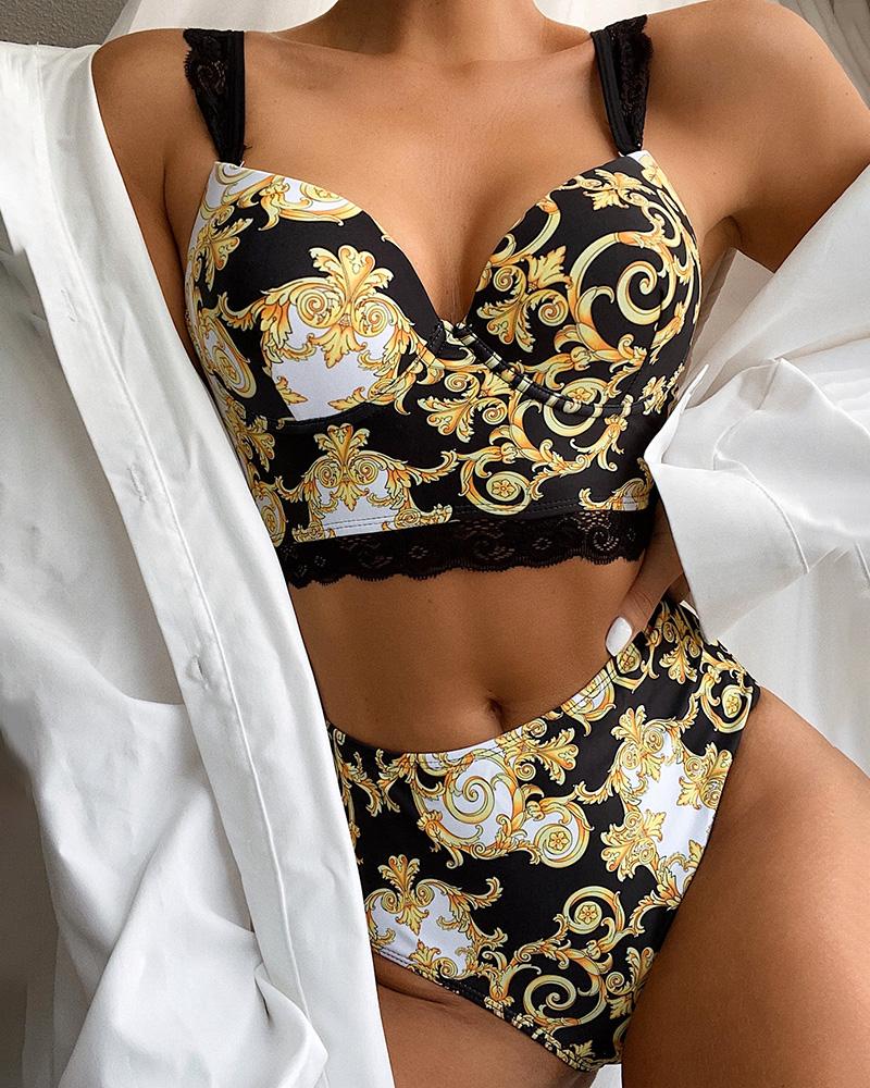 

Thin Strap Baroque Print Lace Insert Bikini Sets, Yellow