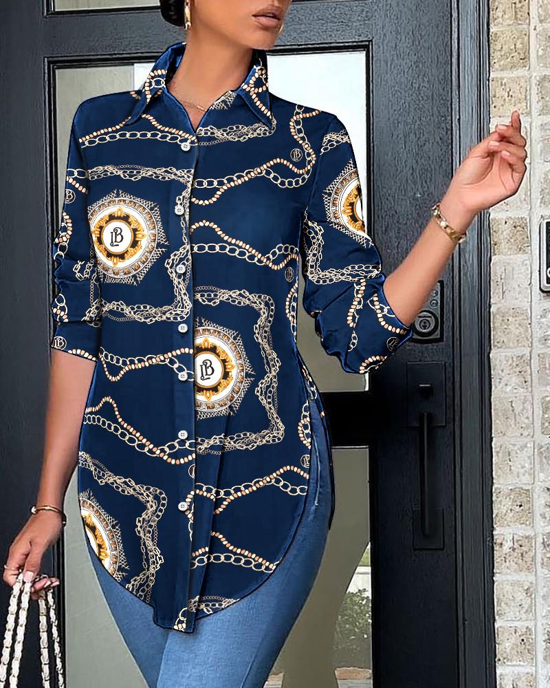 

Baroque Chain Print Side Slit Button Down Shirt, Dark blue