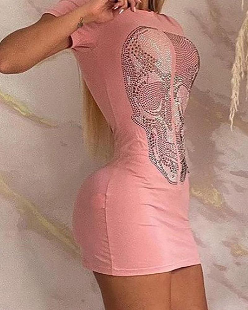 

Skull Pattern Studded Short Sleeve T-Shirt Dress, Pink