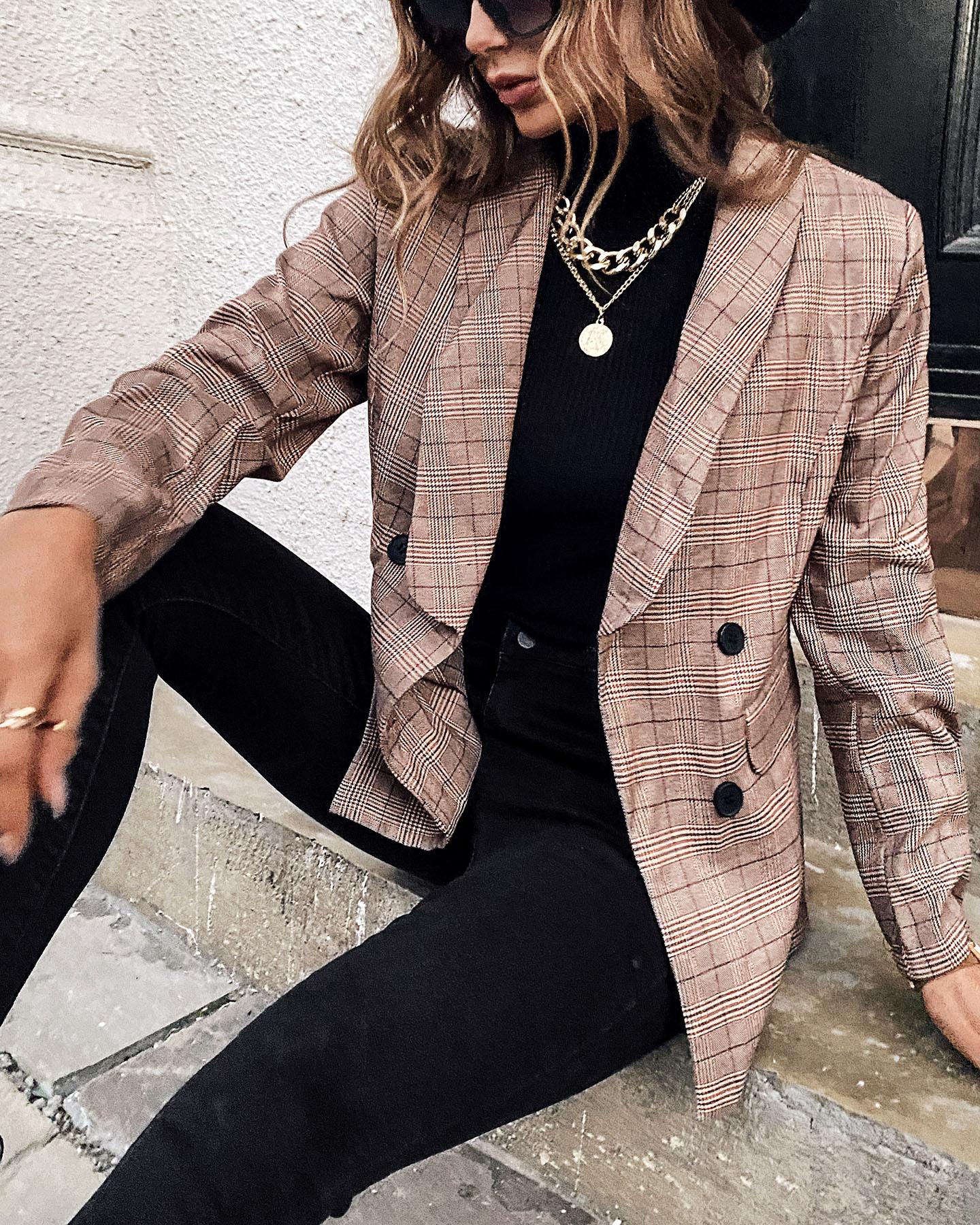 

Houndstooth Double Breasted Long Sleeve Blazer Coat, Brown