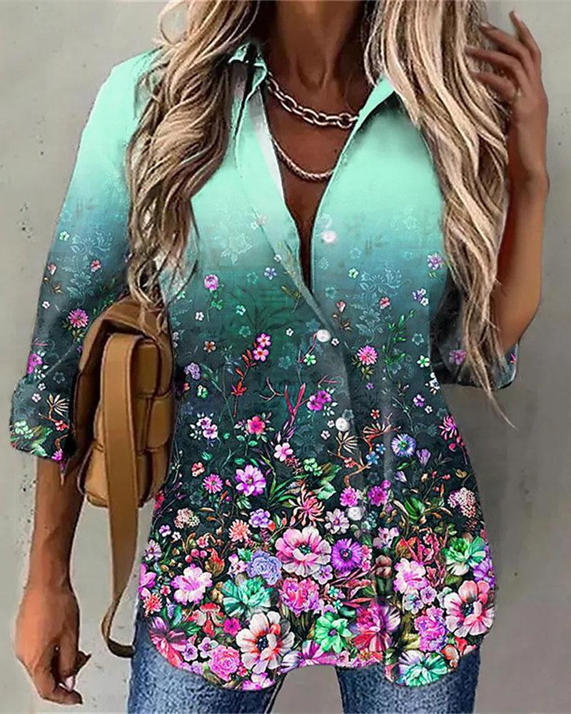 

Floral Print Long Sleeve Button Down Shirt, Green