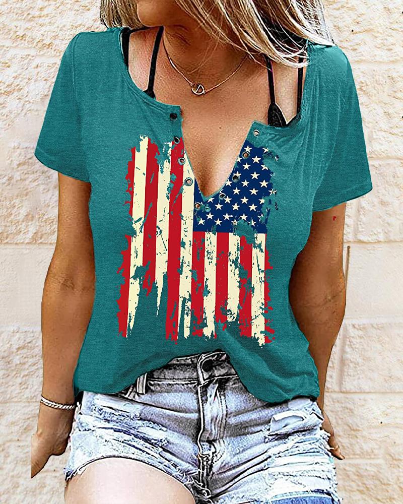

Independence Day Flag Print Eyelet Decor T-shirt, Green