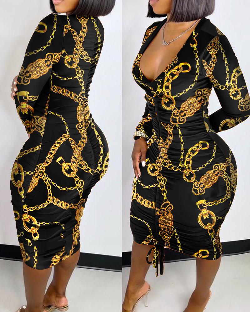 

Chain Print Drawstring Ruched Bodycon Dress, Black
