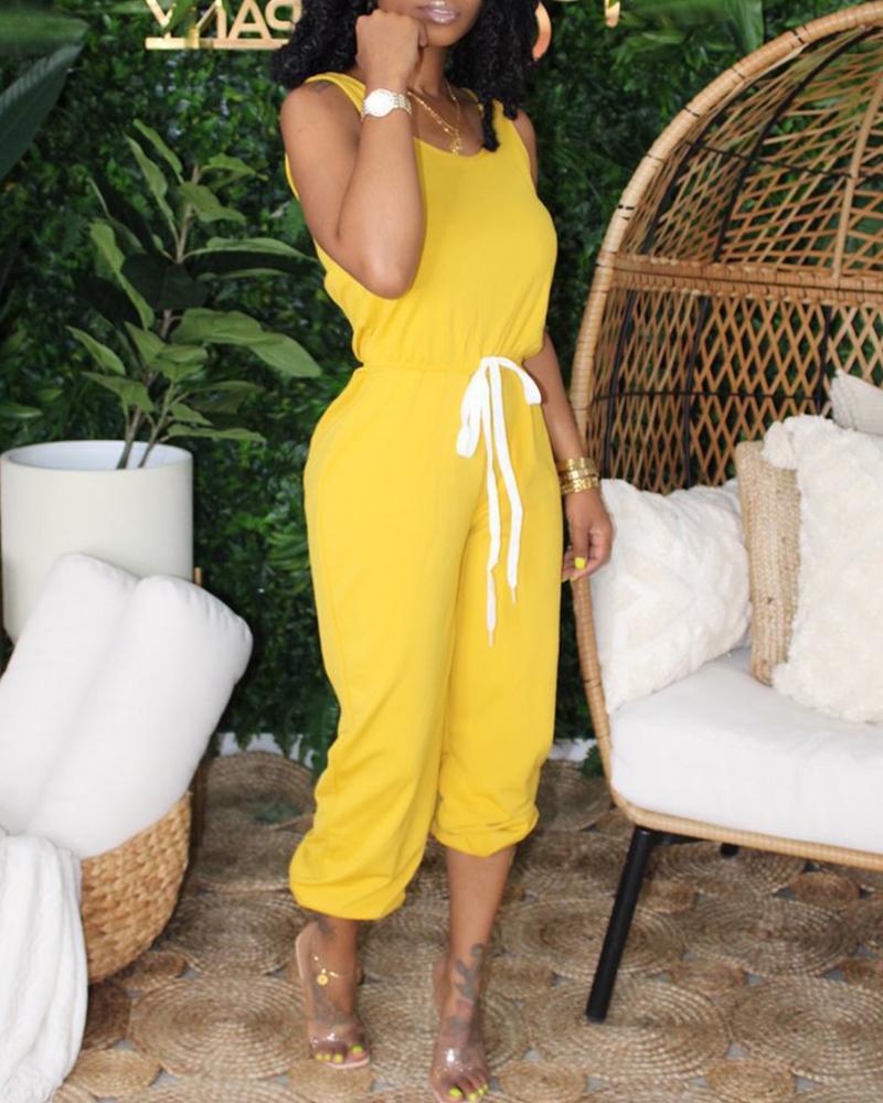 

Plain Drawstring Waist Tank Jumpsuit, Yellow