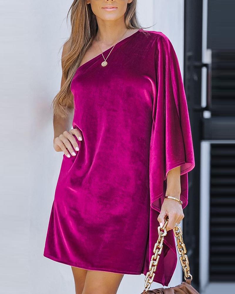 

Velvet One Shoulder Bell Sleeve Dress, Purple