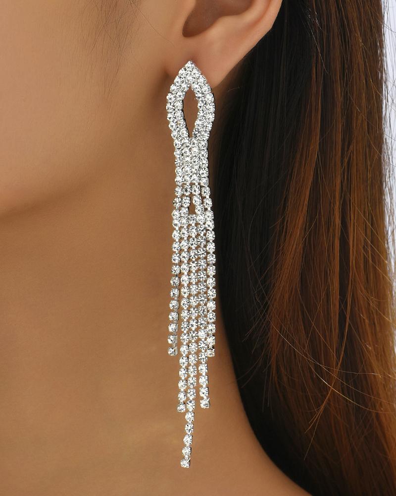 

1Pair Hollow Out Rhinestone Tassel Drop Earrings, White