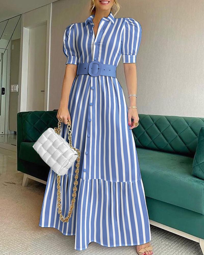 

Striped Button Front Puff Sleeve Shirt Dress, Blue