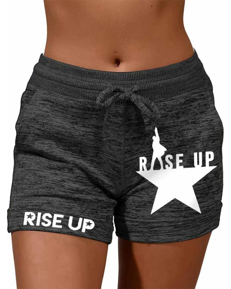 

Solid Color Splicing Letter And Star Print Drawstring Short Pants, Black