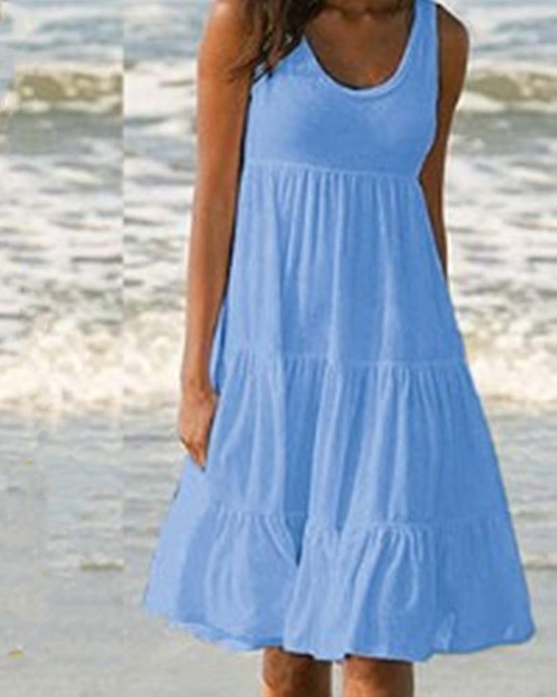 

Solid Color Sleeveless Ruffle Hem Mini Dress, Blue