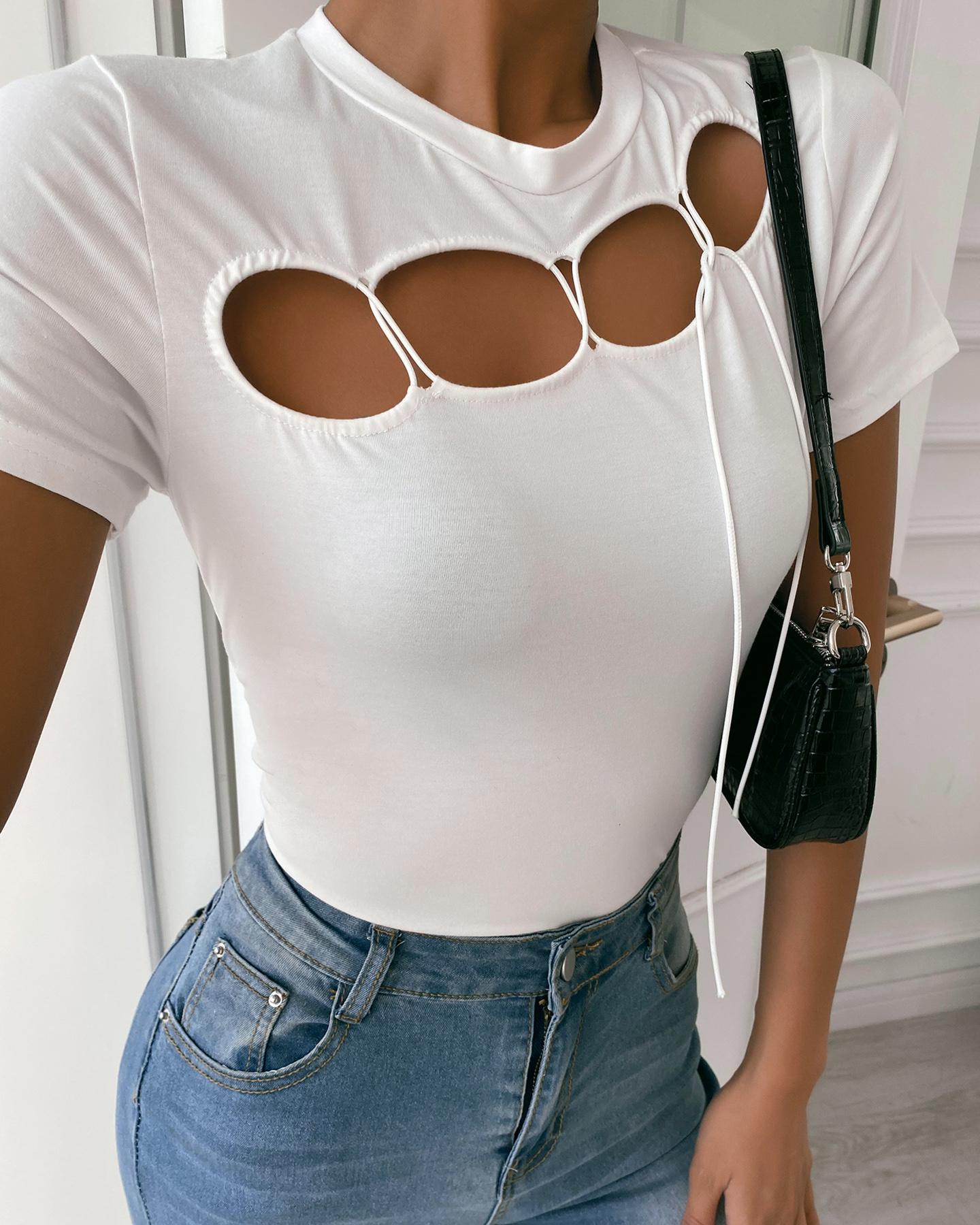 

Round Neck Short Sleeve Cutout T-shirt, White