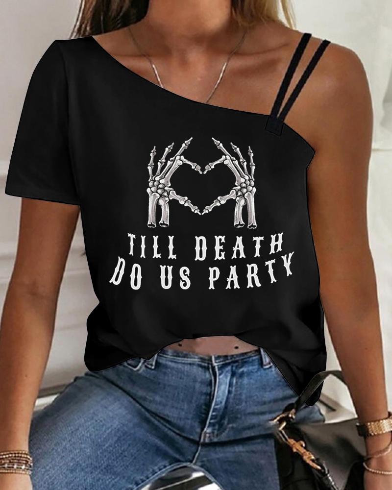 

Halloween Skeleton Letter Print Asymmetrical T-shirt, Black