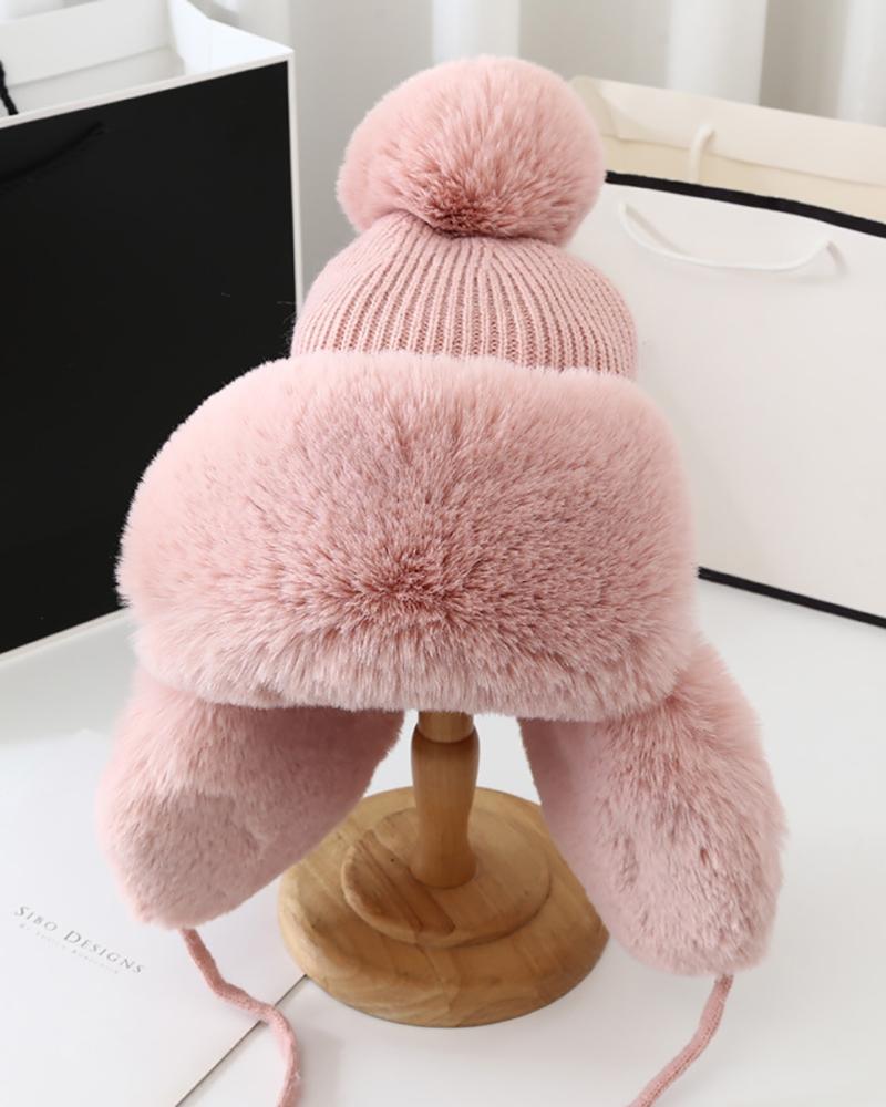 

Pom Pom Decor Ear Protection Fluffy Lei Feng Hat, Pink