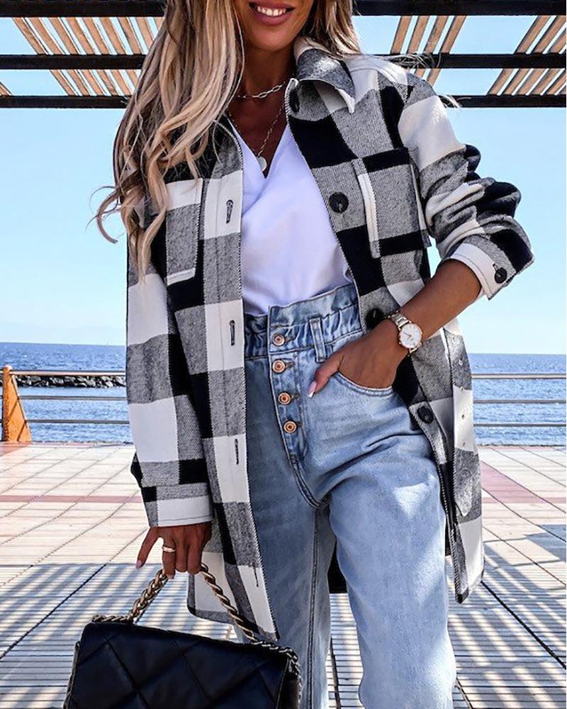 

Plaid Print Long Sleeve Buttoned Shacket With Belt, White