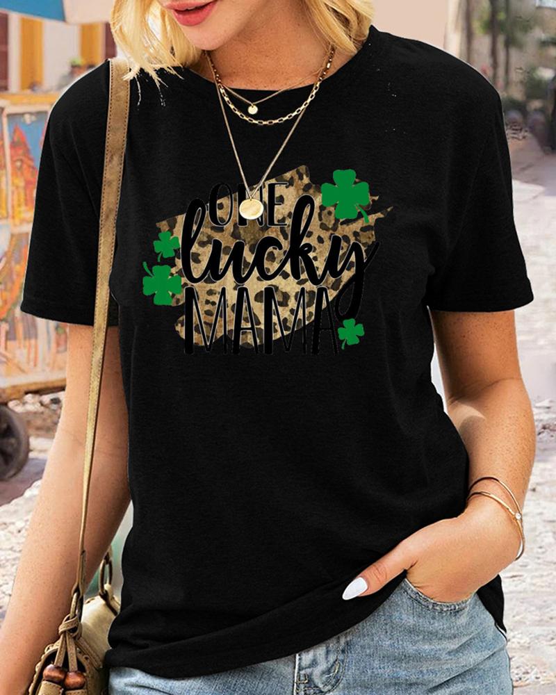 

St.Patrick' Day Letter Cheetah Clover Print Short Sleeve T-Shirt, Black