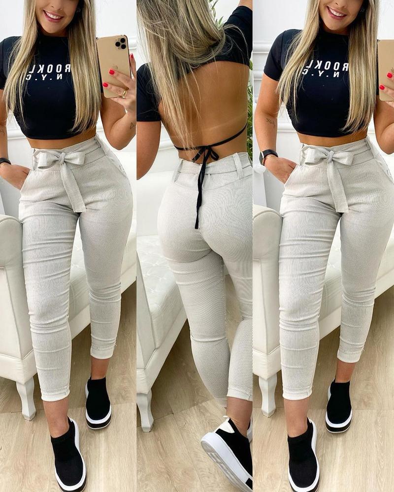 

Pocket Detail High Waist Belted Skinny Pants, Light gray