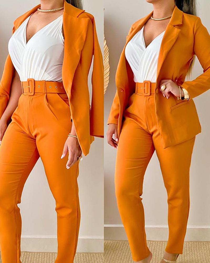 

Turn-down Collar Buttoned Blazer Coat & Belted Pants Set, Orange