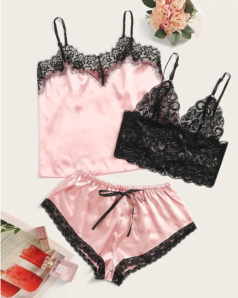 

Eyelash Lace Trim Satin Cami Set With Bralette, Pink