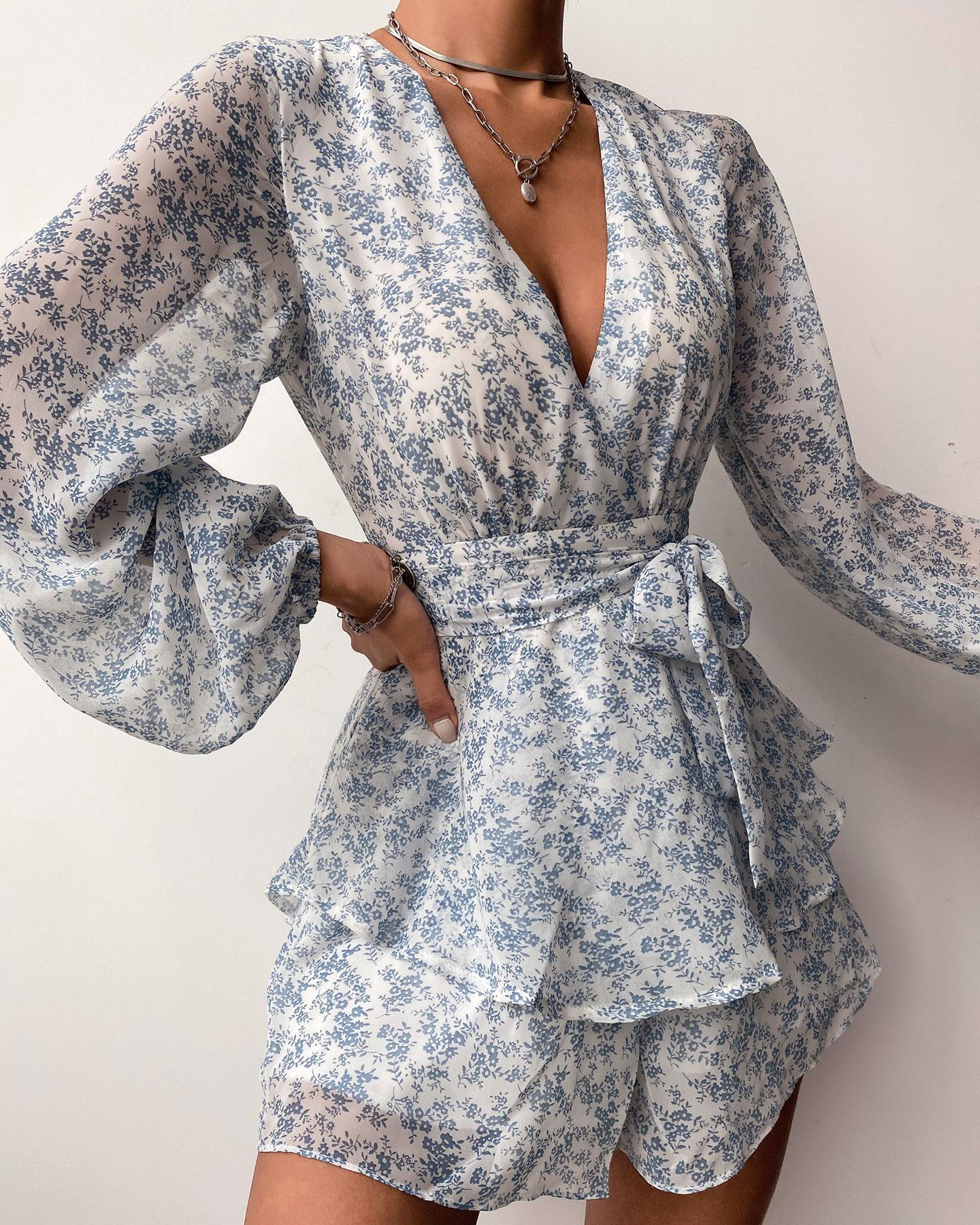 

Ditsy Floral Print V Neck Lace Up Layered Romper, Blue