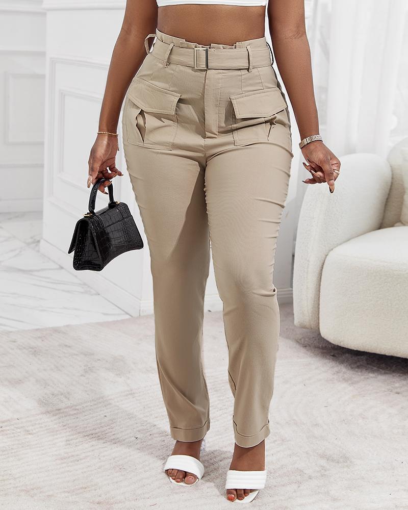 

High Waist Pocket Design Cargo Pants With Belt, Khaki