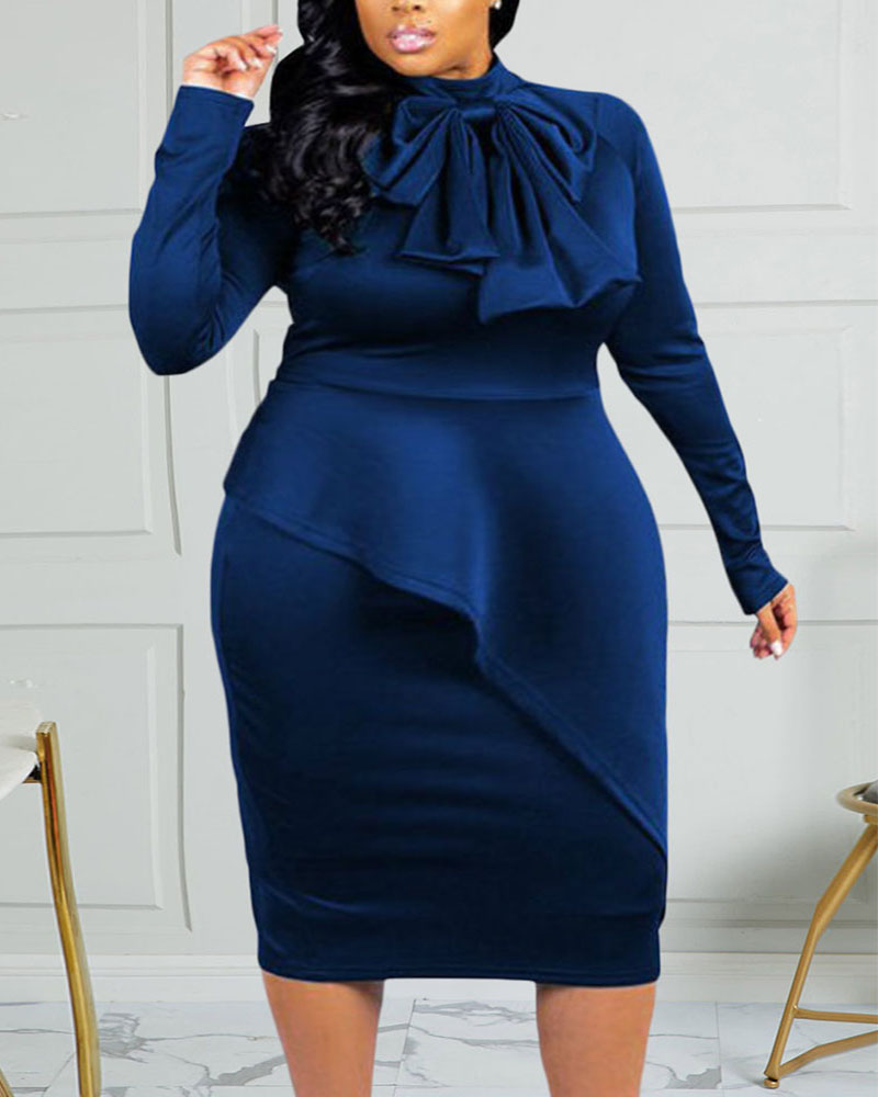

Plus Size Patchwork Bow Decor Long Sleeve Midi Dress, Blue
