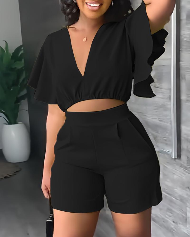 

V-Neck Flutter Sleeve Crop Top & Shorts Set, Black