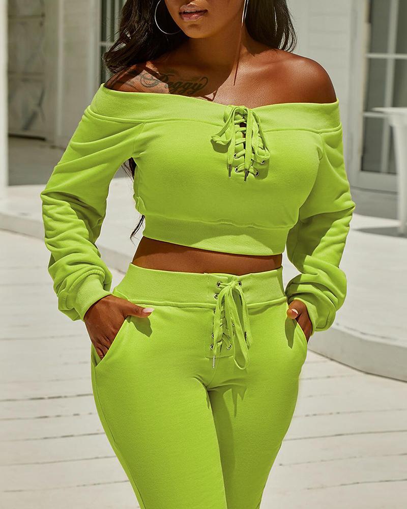 

Off Shoulder Crop Top & Drawstring Pants Set, Yellow