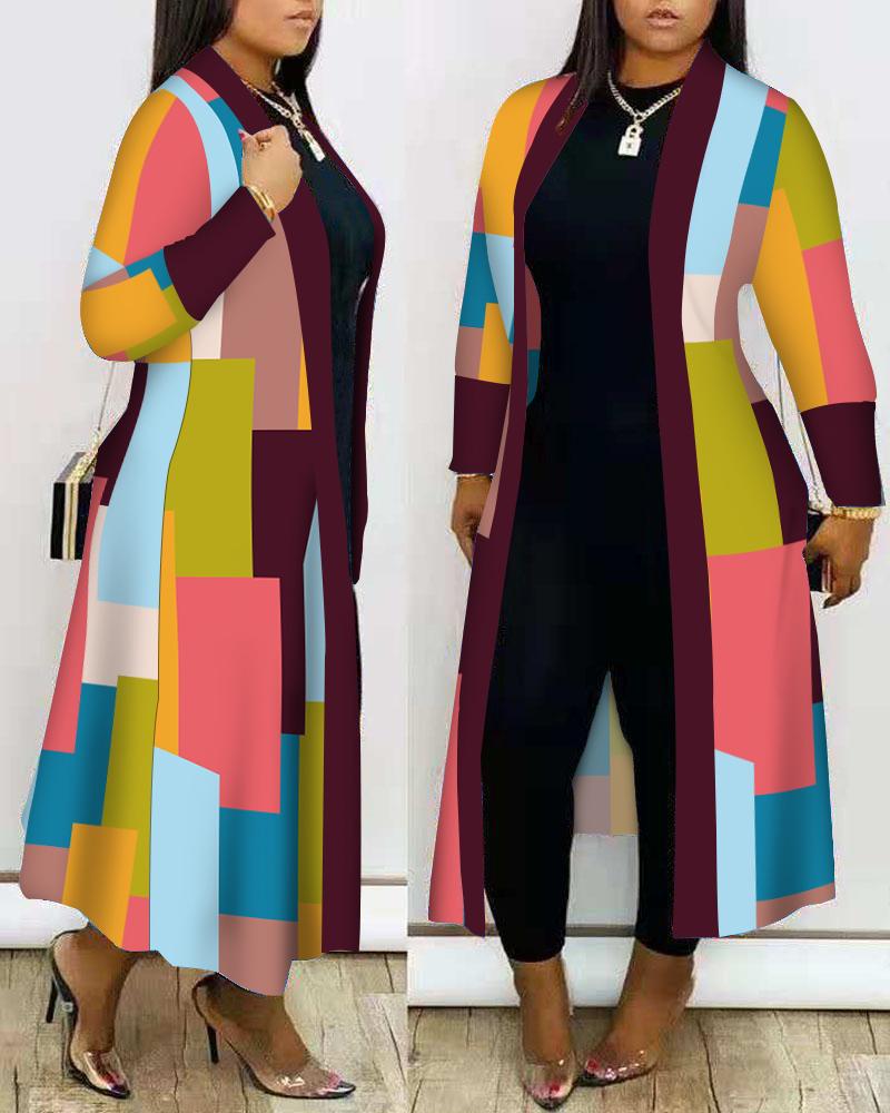 

Plus Size Geometric Print Open Front Longline Coat, Multicolor