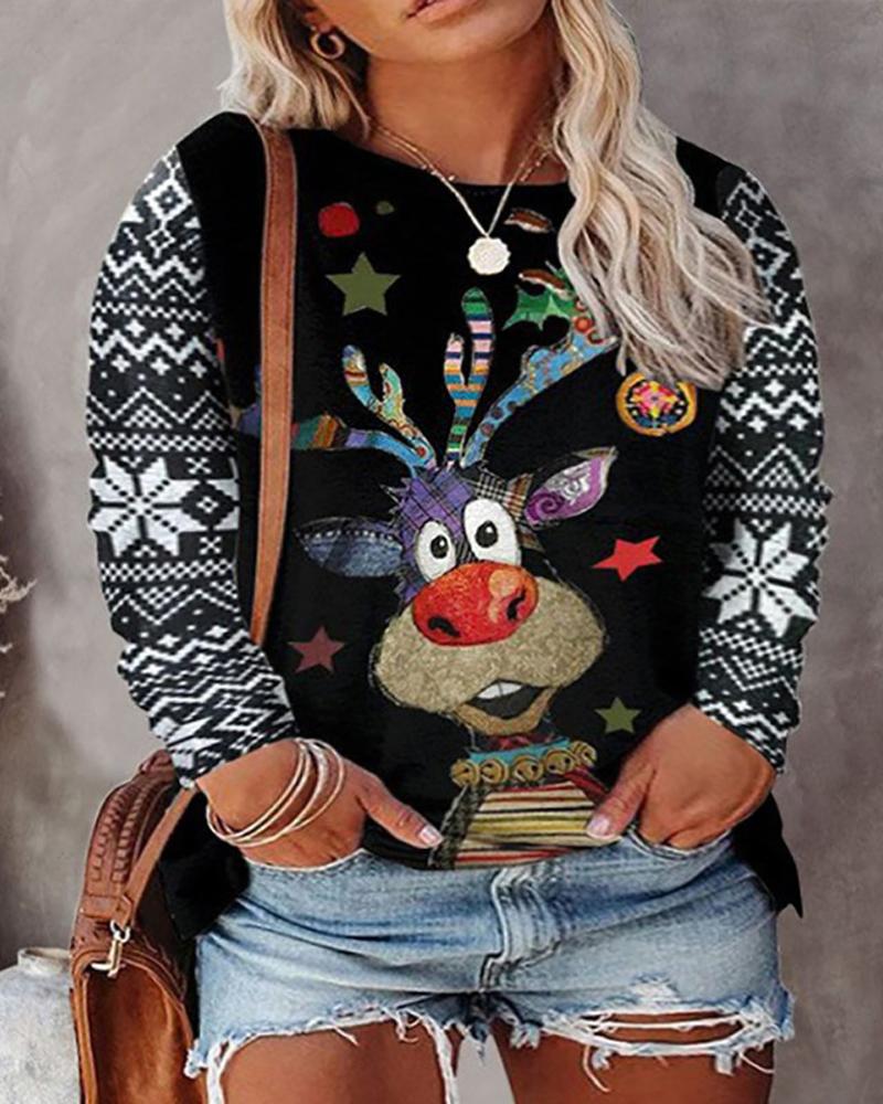 

Plus Size Christmas Snowflake Elk Print Casual Top, Black