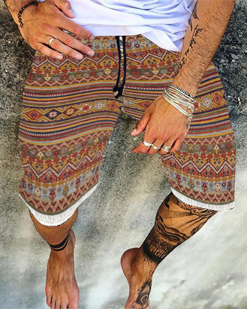 

Geometric Print Drawstring Loose Short Pants, Brown
