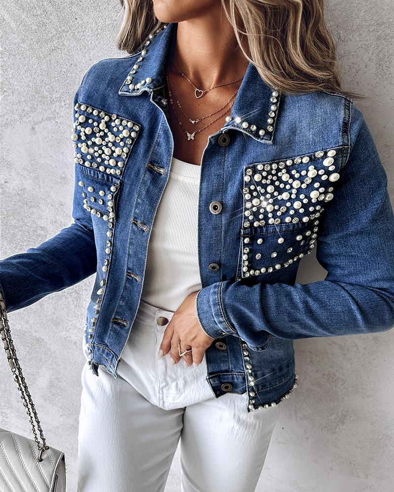 

Rhinestone Pearl Decor Denim Jacket, Blue