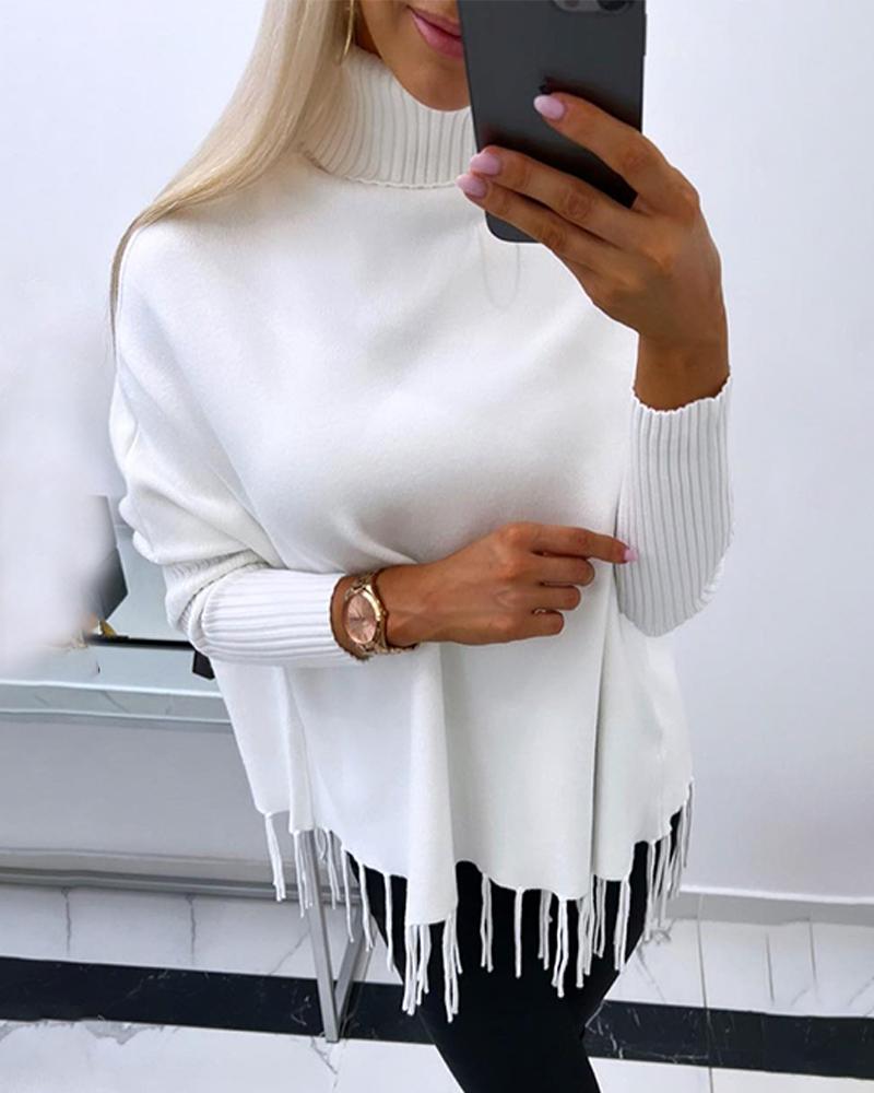 

Turtleneck Long Sleeve Tassel Design Knit Sweater, White