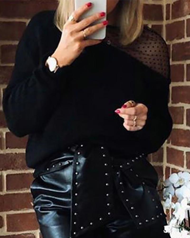

Dot Mesh Tied Detail Casual Women Top, Black