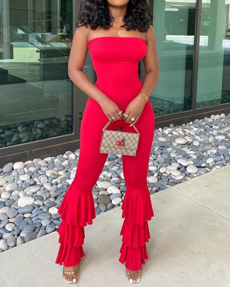 

Layered Ruffles Flared Leg Skinny Tube Jumpsuit, Red