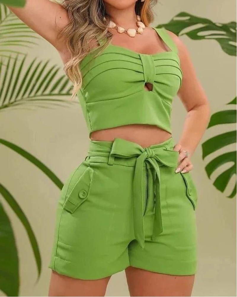 

Sleeveless Crop Top & Tied Detail Shorts Set, Green