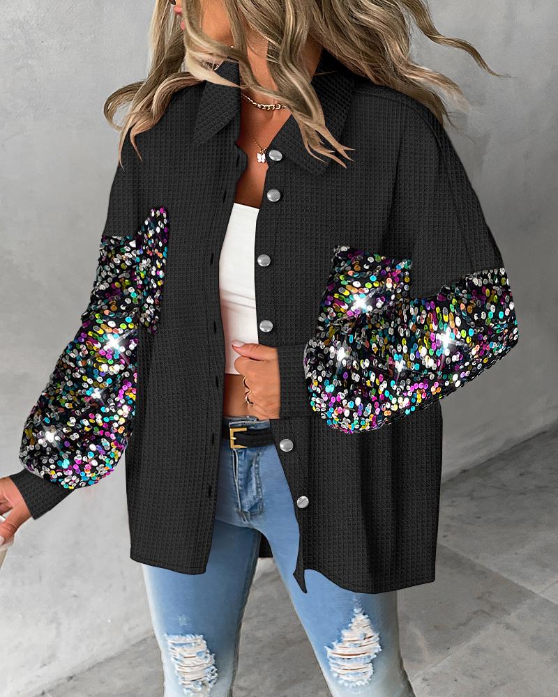 

Contrast Sequin Waffle Knit Shacket, Black