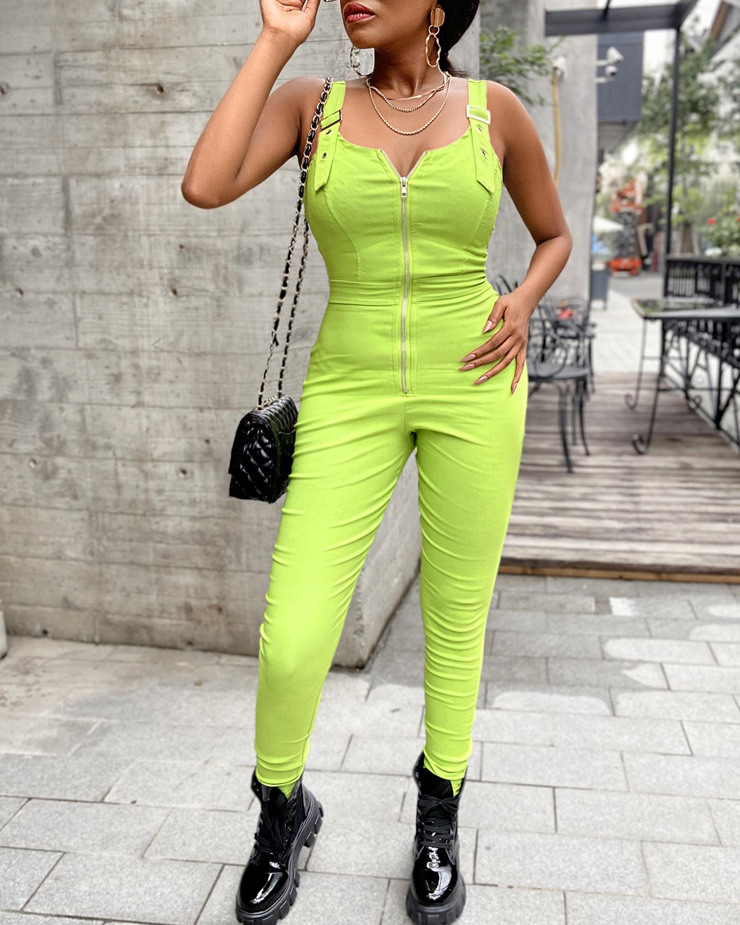 

Eyelet Buckled Zipper Design Sleeveless Jumpsuit, Green