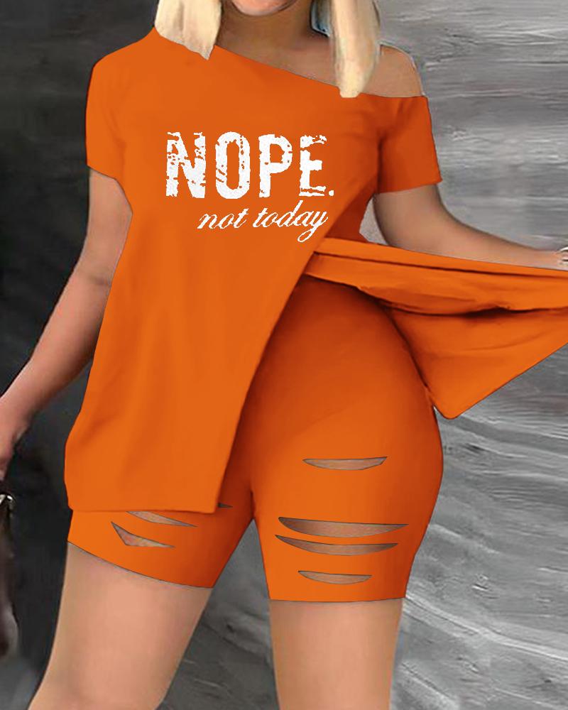 

Plus Size Nope Not Today Print Split Top & Shorts Set, Orange