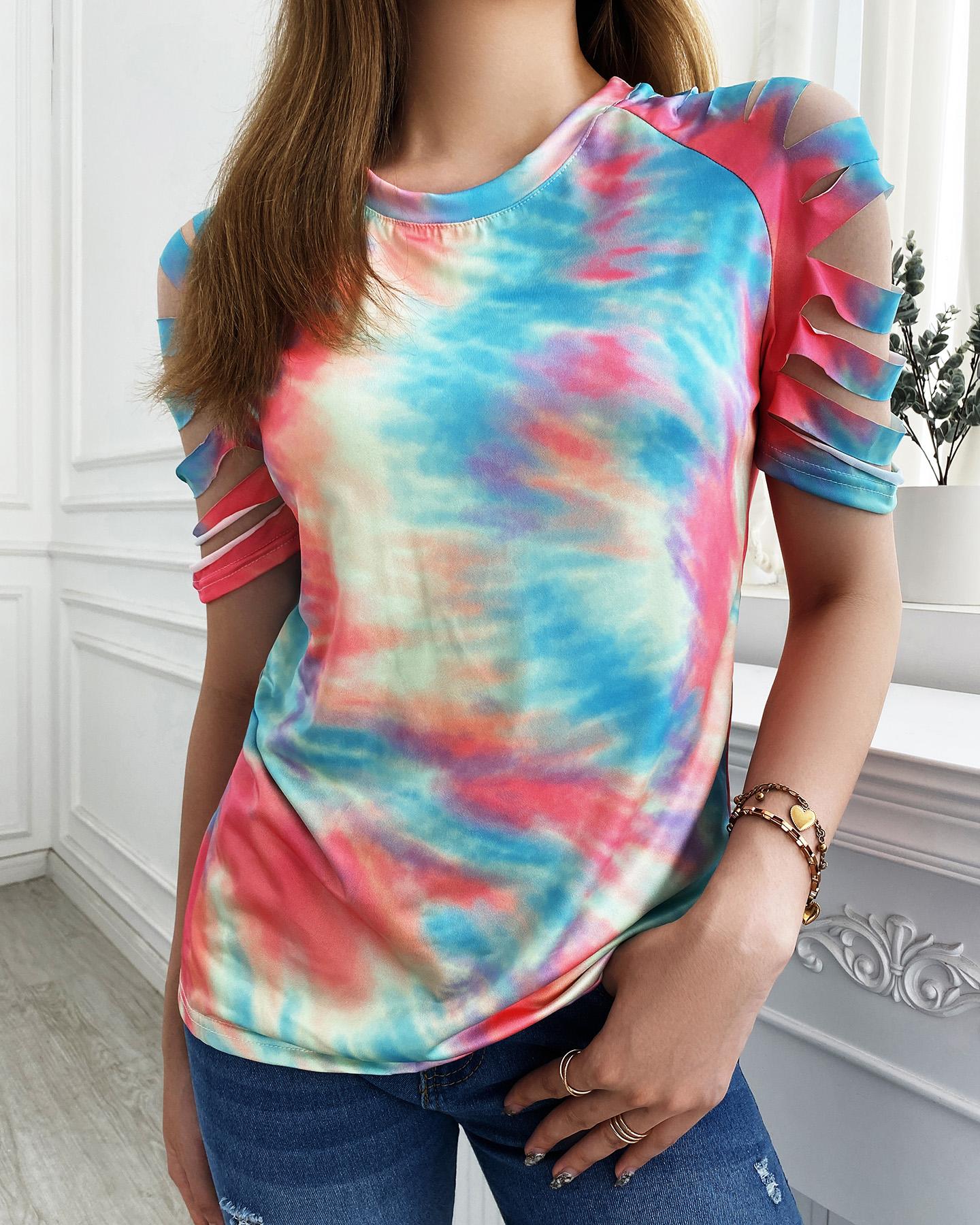 

Tie Dye Print Cutout Short Sleeve T-shirt, Pink