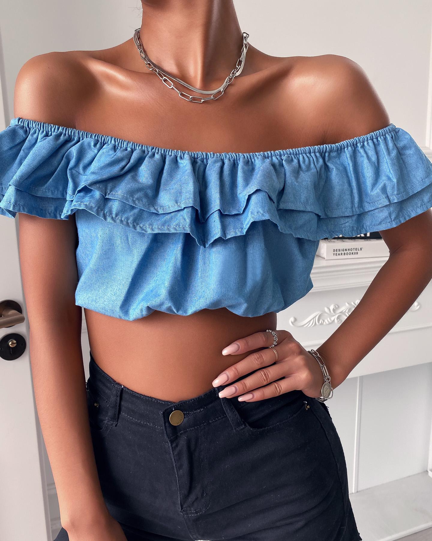 

Off Shoulder Ruffles Hem Short Sleeve Crop Top, Blue