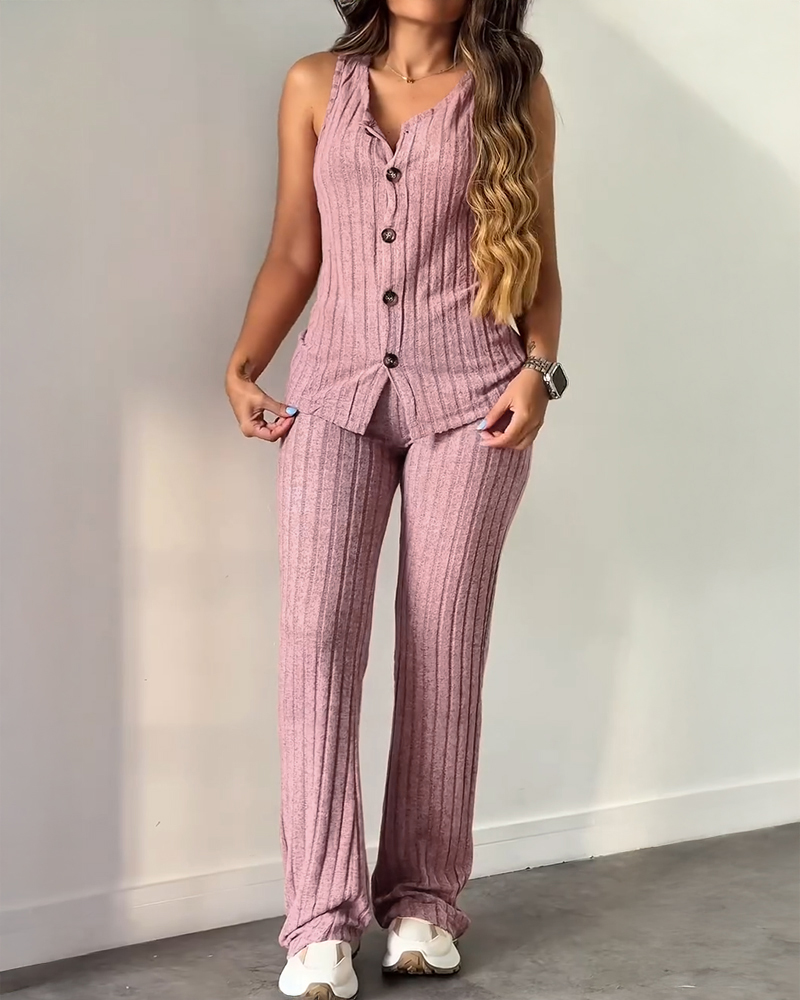 

2 Pieces Outfit V-Neck Sleeveless Button Front Vest Top and Elastic Waist Slightly Flared Pants Set Casual Ribbed Brushed Loungewear, Pink