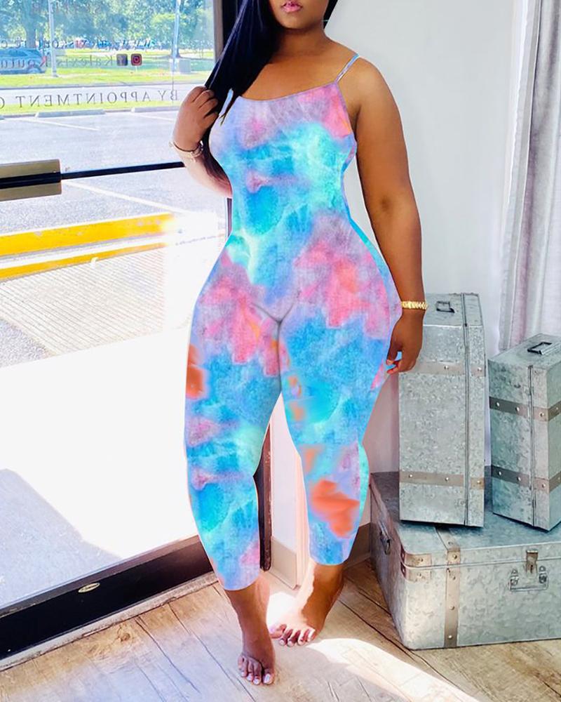 

Spaghetti Strap Tie Dye Print Skinny Jumpsuit, Light blue
