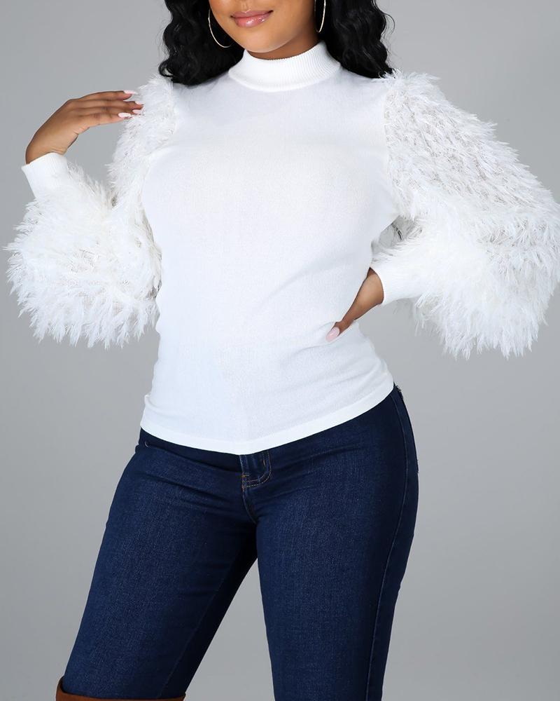 

Mock Neck Fluffy Long Sleeve Sweater, White